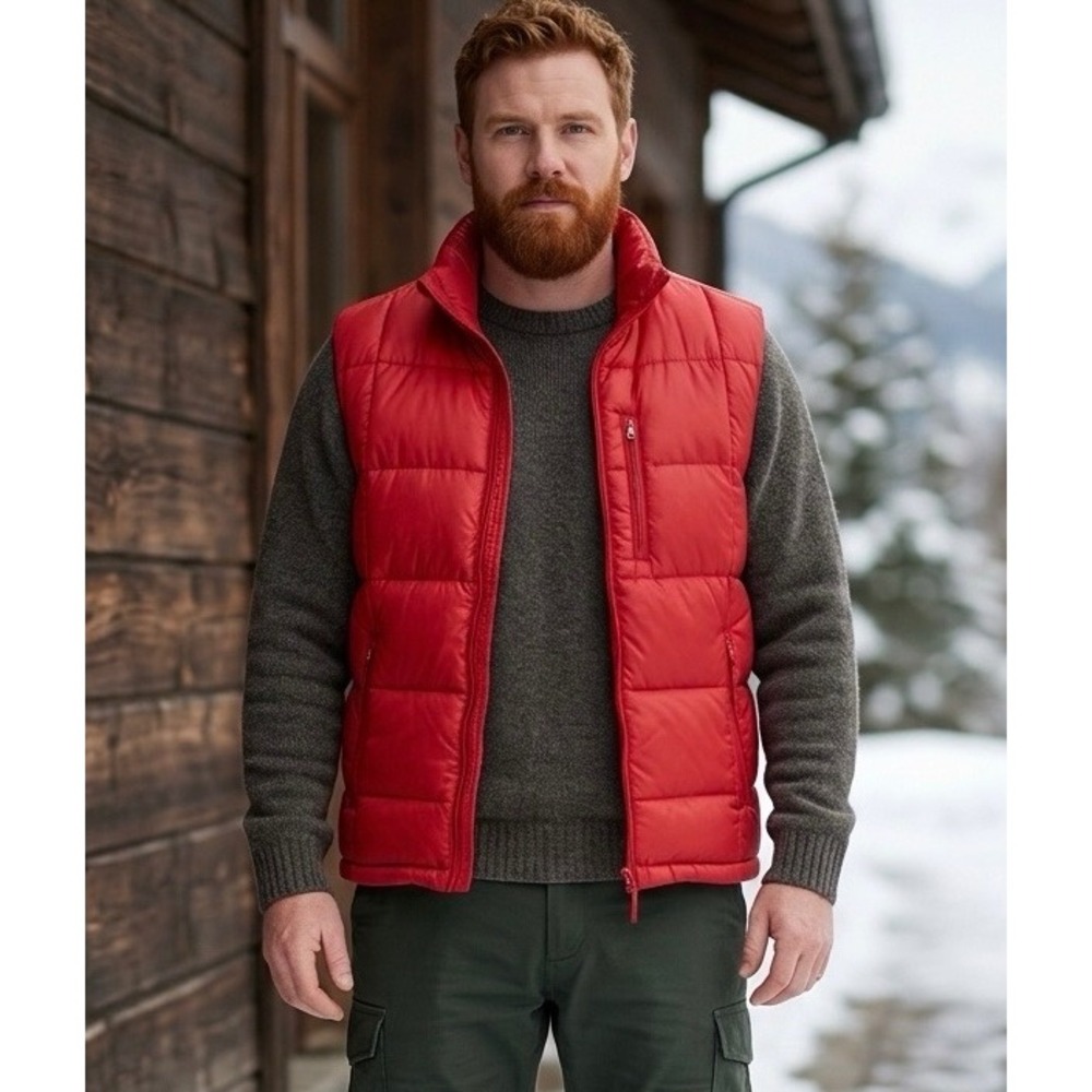 Field & Stream Mens Red Puffer Vest Quilted Full Zip Hidden Hood Size M -  Used